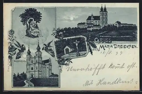 Mondschein-Lithographie Maria Dreiechen, Wallfahrtskirche, Heiligendarstellung mit den Drei Eichen