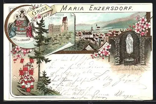 Lithographie Maria Enzersdorf, Heil. d. Kranken, Das Schloss Liechtenstein, Der Lourdes-Brunnen