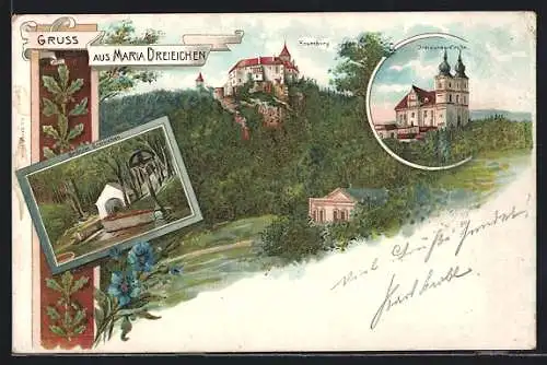 Lithographie Maria Dreieichen, Rosenburg, Bründel Dreieichen, Dreieichen-Kirche