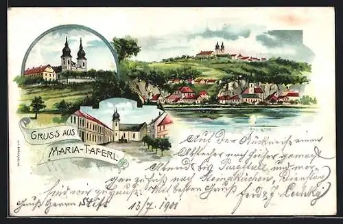 Lithographie Maria-Taferl, Ortsansicht, Blick auf die Kirche, Das Klostergelände