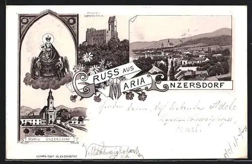 Lithographie Maria Enzersdorf, Schloss Lichtenstein, Gasthaus Johann Hagn`s klosterstübl, Gesamtansicht