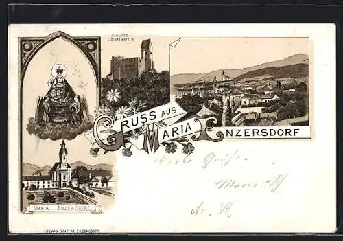 Lithographie Maria-Enzersdorf, Heiligenbild über dem Ort, Schloss Liechtenstein