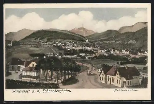 Künstler-AK Willendorf a. d. Schneebergbahn, Ortsansicht aus der Vogelschau