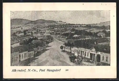 Künstler-AK Alberndorf, Gasthaus u. Handlung, Ortsansicht mit Kirche