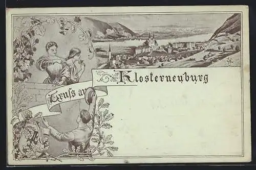 Lithographie Klosterneuburg, Ortsansicht aus der Vogelschau