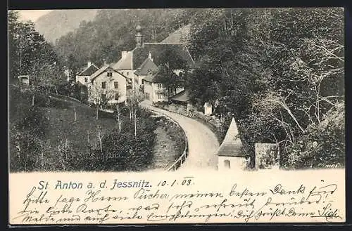 AK St. Anton a. d. Jessnitz, Ortsansicht mit Kirche