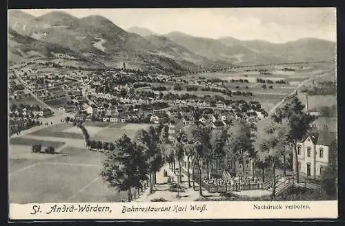 AK St. Andrä-Wördern, Bahnrestaurant Karl Weiss, Ortsansicht aus der Vogelschau