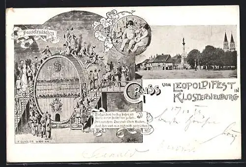 AK Klosterneuburg, Hauptplatz mit Denkmal, Fasselrutschen zum Leopoldifest