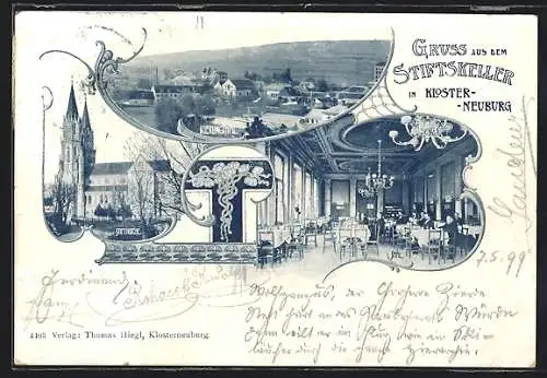 Lithographie Klosterneuburg, Gasthaus Stiftskeller, Kierlingsthal, Stiftskirche