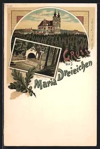 Lithographie Maria Dreieichen, Die Klosterkirche, Bründl Drei Eichen