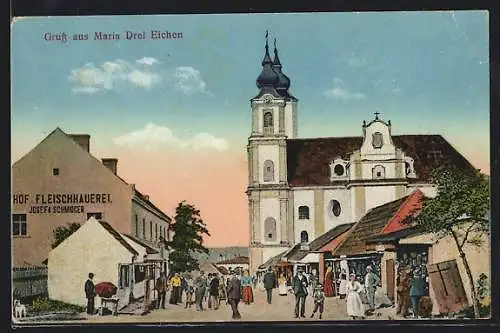 AK Maria Drei Eichen, Strassenpartie mit Fleischhauerei und Kirche