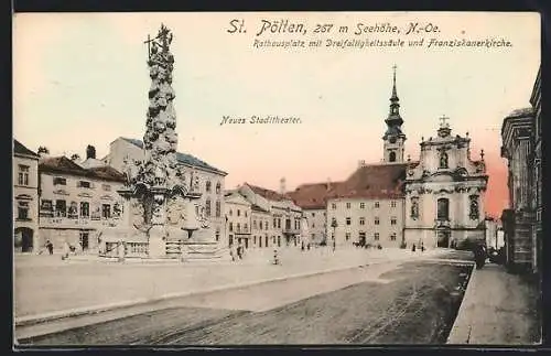AK St. Pölten, Rathausplatz mit Dreifaltigkeitssäule und Franziskanerkirche, Neues Stadttheater