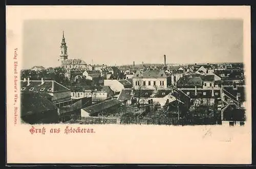AK Stockerau, Blick über die Häuserdächer zur Kirche
