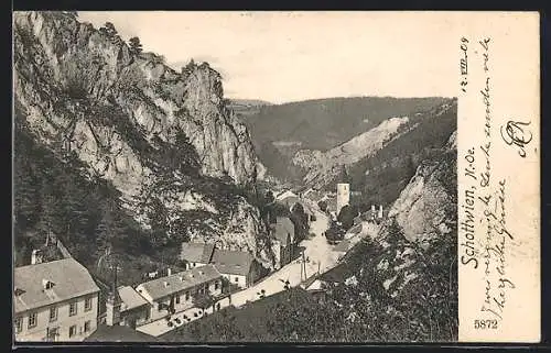 AK Schottwien, Ortsansicht gegen das Gebirge