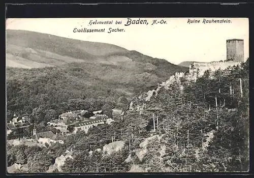 AK Helenental bei Baden, Ruine Rauehenstein, Etablissement Sacher