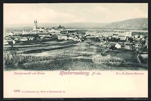 AK Klosterneuburg, Panorama des Ortes mit Feldern