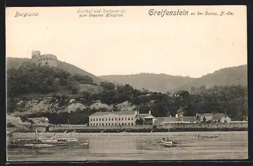 AK Greifenstein, Burgruine mit Fluss und Dampfer