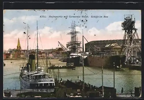 AK Kiel, Hafenpartie mit Germaniawerft. Schiffe im Bau