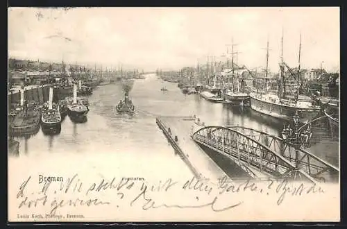 AK Bremen, Freihafen mit einfahrendem Dampfer