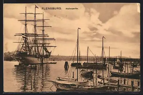 AK Flensburg, Segelschiff im Hafen