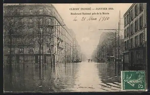 AK Clichy, Inondée Janvier 1910, Boulevard National pris de la Mairie