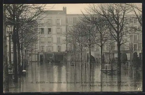 AK Clichy, Inondations de Janvier 1910, Place des Fetes et Boulevard National