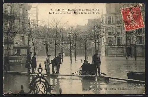 AK Clichy, Crue de la Seine Janvier 1910, La Place de la Mairie