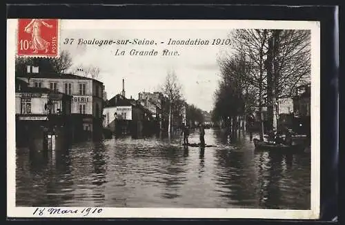 AK Boulogne-sur-Seine, Inondation 1910, La Grande Rue, Hochwasser