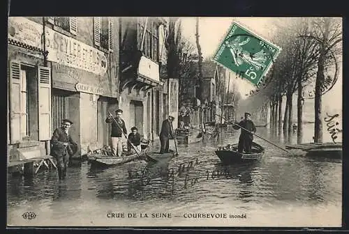 AK Courbevoie, Crue de la Seine, vom Hochwasser überflutete Strasse