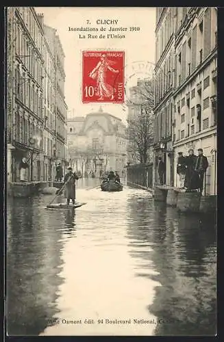 AK Clichy, Inondations de Janvier 1910, La Rue de l`Union