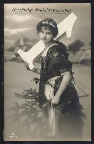 Foto-AK Photochemie Berlin Nr. 963-6: Junge Frau im dunklen Kleid mit grosser 1 und Tannenzweigen