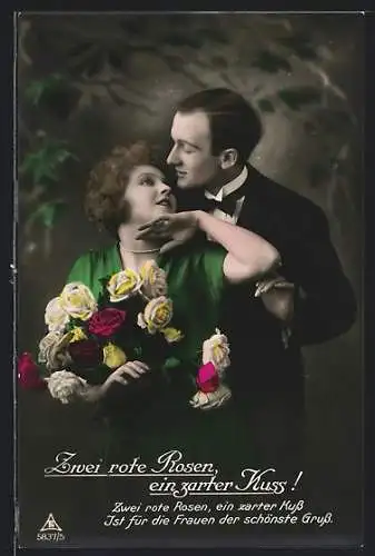 Foto-AK Photochemie Berlin Nr. 5837 /5: Junger Mann schenkt seiner Liebsten einen Strauss Rosen