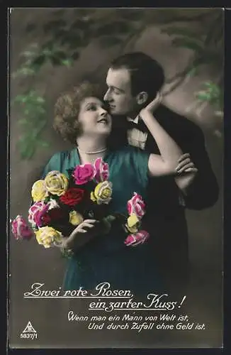 Foto-AK Photochemie Berlin Nr. 5837 /1: Junge Dame im blauen Kleid bekommt einen Rosenstrauss geschenkt