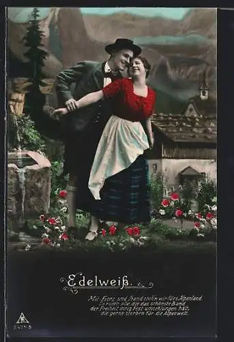 Foto-AK Photochemie Berlin Nr. 5471-5: Junges Paar in den Alpen umgeben von Edelweiss