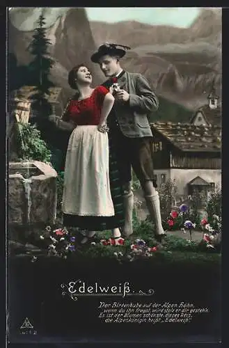 AK Photochemie Berlin 5471-2: Edelweiss, junges Paar in ländlicher Tracht auf der Alm