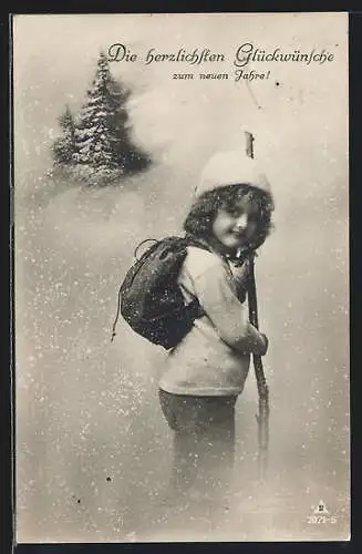 Foto-AK Photochemie Berlin Nr. 7071-6: Kleines Kind mit Stock im Schnee