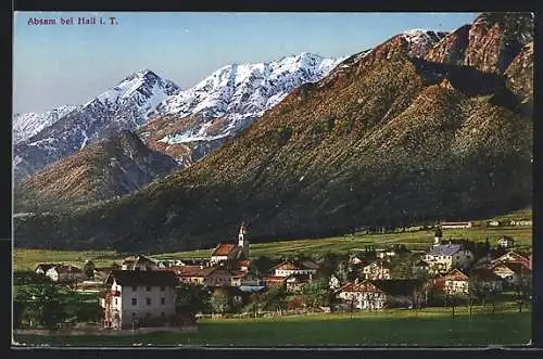 AK Absam bei Hall, Ortsansicht mit Bergpanorama