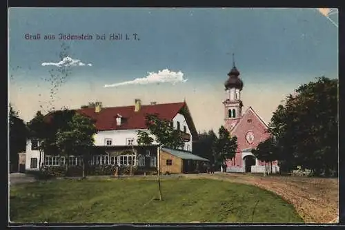 AK Judenstein bei Hall, Strassenpartie mit Kirche