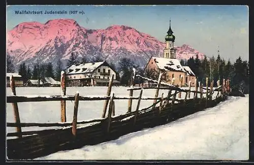 AK Judenstein, Ortsansicht mit Kirche im Winter