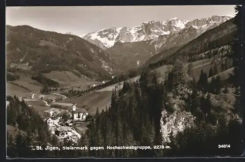 AK St. Ilgen /Steiermark, Ortsansicht gegen Hochschwabgruppe