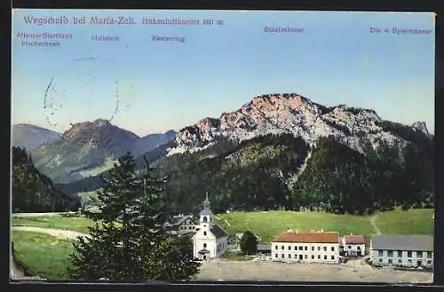 AK Mariazell, Wegscheid mit Heilstein, Kastenriegl und den Spielmännern