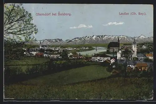 AK Oberndorf bei Salzburg, Ortsansicht an dem Grenzfluss zu Laufen in Oberbayern