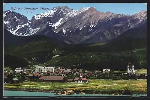 AK Telfs, Ortspanorama mit Mieminger Gebirge