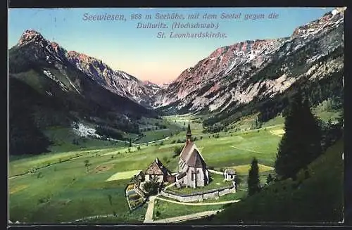 AK Seewiesen, Die St. Leonhardskirche im Seetal gegen die Dullwitz (Hochschwab.)