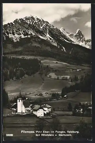 AK Filzmoos im Pongau, Ortsansicht mit Rötelstein und Dachstein