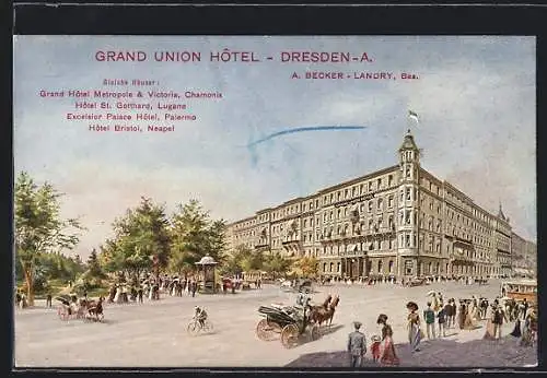 AK Dresden, Grand Union Hôtel mit Strassenbahnen