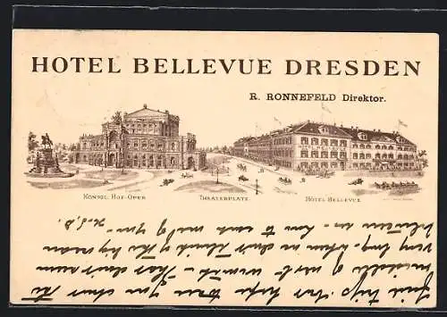 Lithographie Dresden, Hotel Bellevue, Königl. Hof-Oper, Theaterplatz