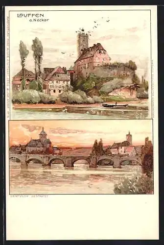 Lithographie Laufen a. Neckar, Ortsansicht, Brücke