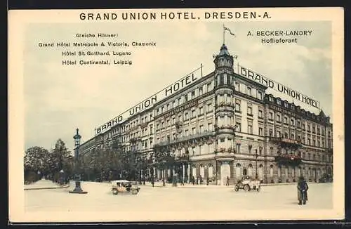 AK Dresden, Grand Union Hotel A, Becker-Landry, Strassenansicht mit Autos