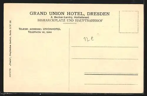 AK Dresden, Grand Union Hotel A, Becker-Landry, Strassenansicht mit Autos